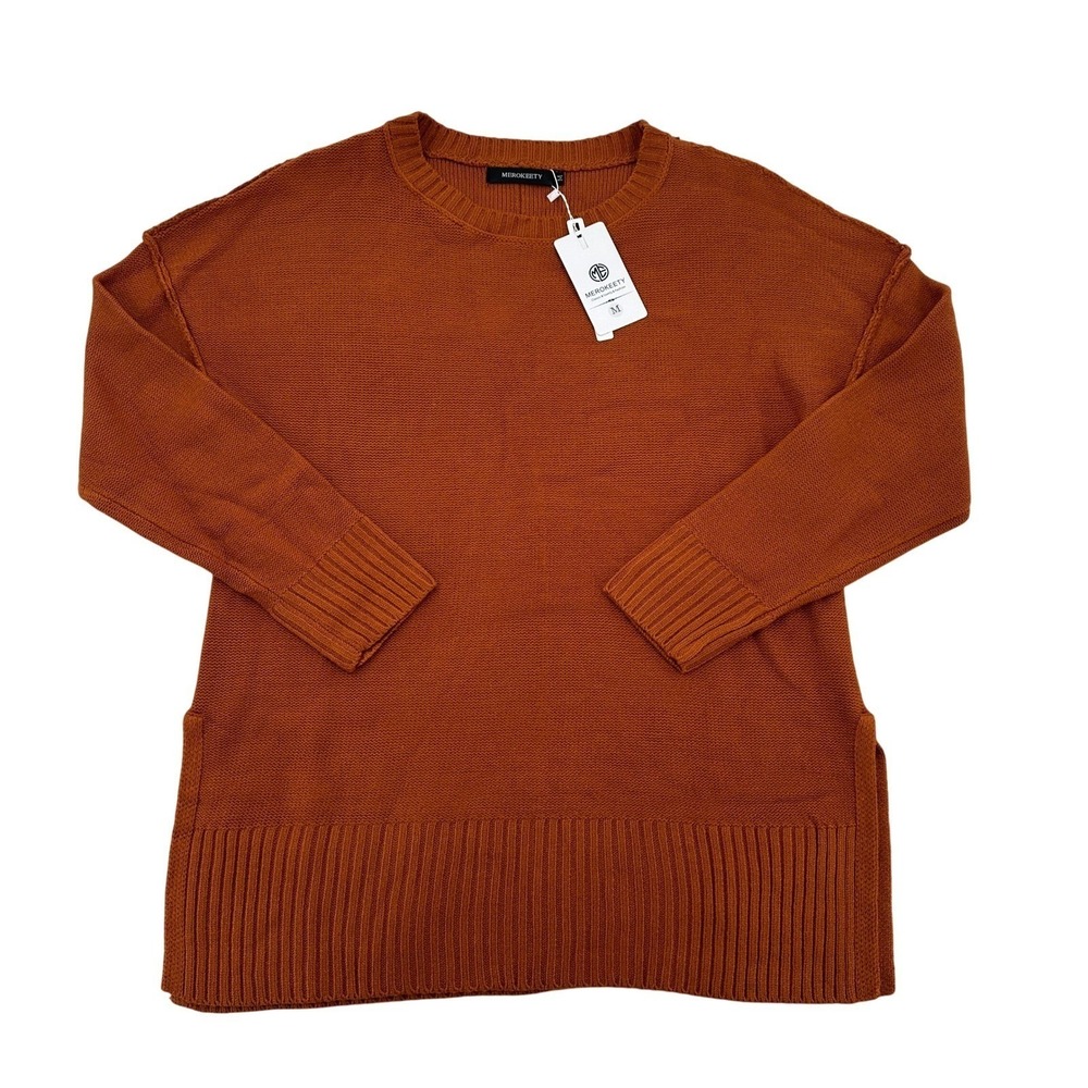 Merokeety Fall Knit Women M Sweater Pullover Rust Orange Crew Neck Long Sleeve